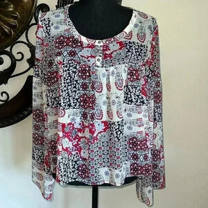 ARIAT Women’s Sheer Red White Blue Paisley Floral Blouse Top Medium